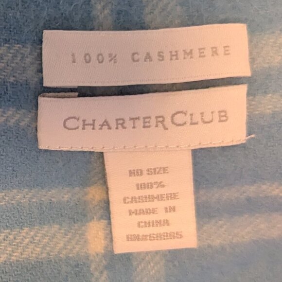 100% Cashmere Scarf Charter Club Preppy Plaid Windowpane Shawl Wrap Blue White - Picture 3 of 4